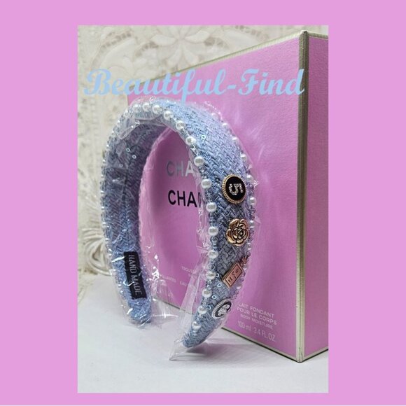 No5 Camellia Flower Headband Blue with Pearls and Sequins New - Picture 1 of 4